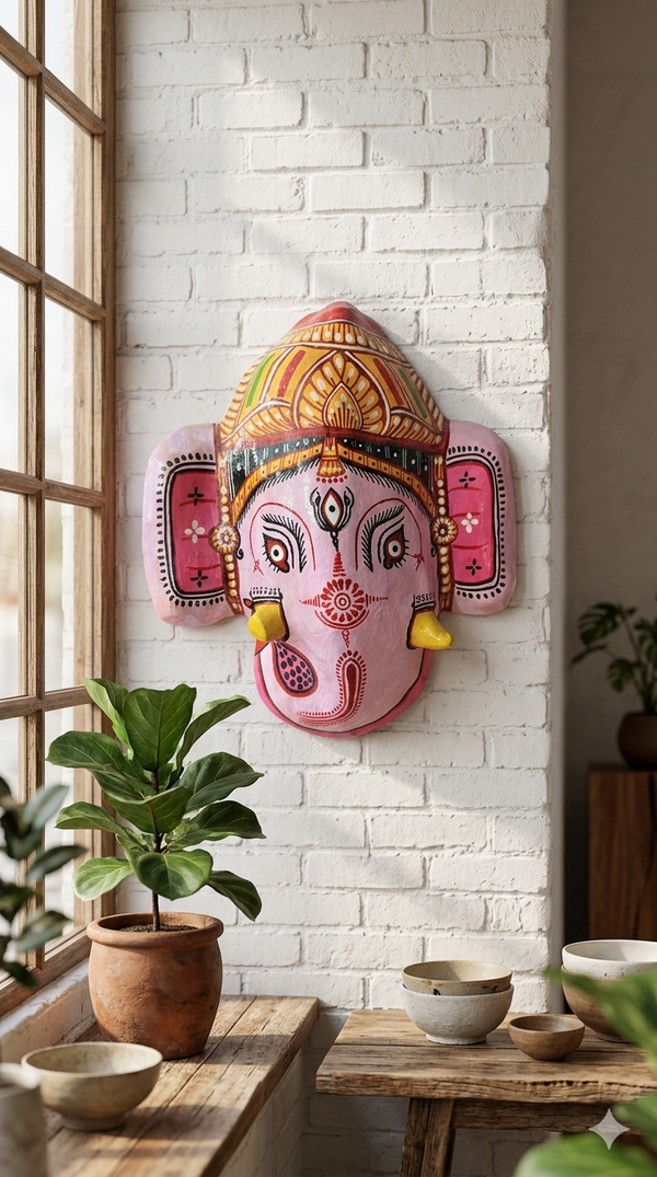 Lotus Crown Ganesha – Handcrafted Odisha Paper Mâché Heritage Wall Mask.