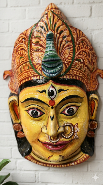Devi Shakti Heritage Mask – Handcrafted Odisha Paper Mâché Wall Art.