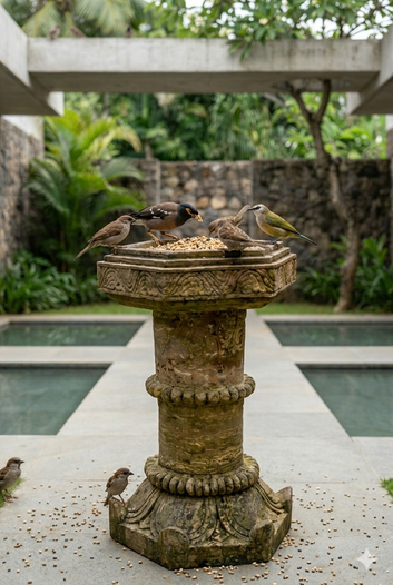 Vrindavan Heritage Stone Tulsi Pot & Bird Feeder Pedestal.