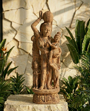 Handcrafted Ganga Devi with Child Odisha Sandstone Sculpture.