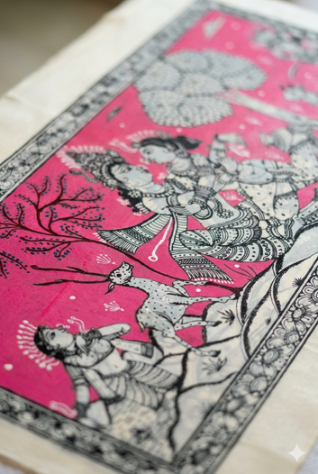 Radha Krishna Divine Love – Handpainted Tussar Silk Artwork