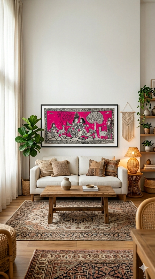 Radha Krishna Divine Love – Handpainted Tussar Silk Artwork