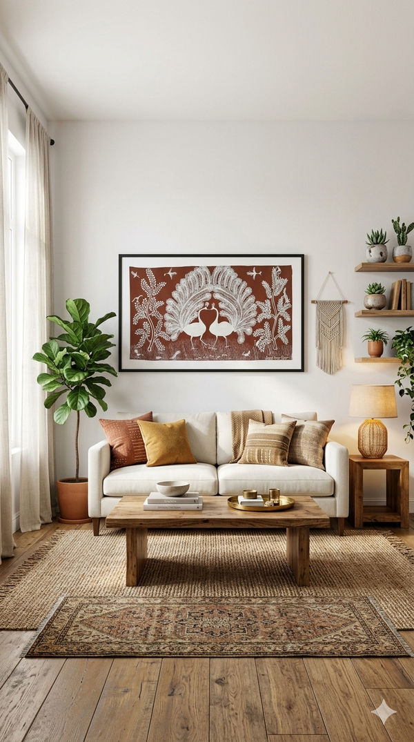 Twin Peacocks of Harmony – Handcrafted Warli Tribal Art Painting