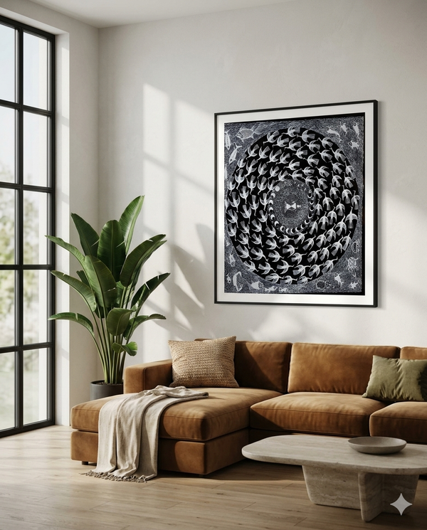 Circle of Life – Handcrafted Warli Fish Motif Painting