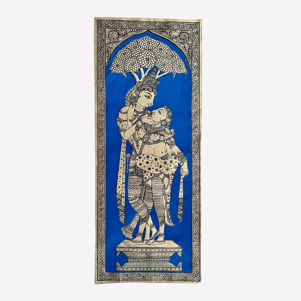 Radha Krishna Under Kalpavruksha - Madhubani-Style Vertical Painting