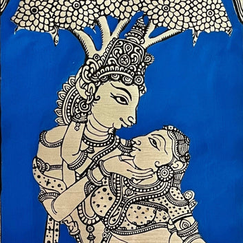 Radha Krishna Under Kalpavruksha - Madhubani-Style Vertical Painting