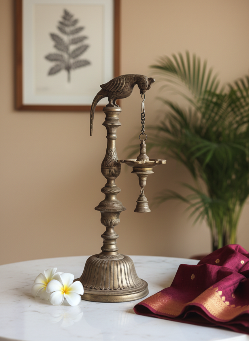 Vintage Brass Bird Lamp - Temple Oil Lamp with Chain & Bells