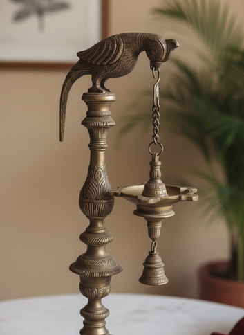Vintage Brass Bird Lamp - Temple Oil Lamp with Chain & Bells