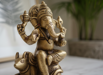 Vintage-Style Brass Ganesha with Mouse Vahana - Home Décor