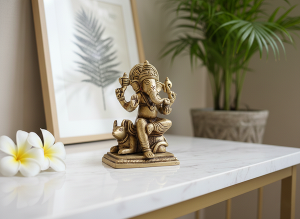 Vintage-Style Brass Ganesha with Mouse Vahana - Home Décor