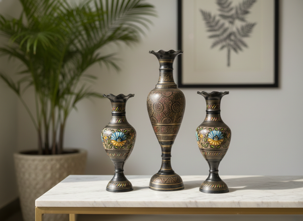 Royal Brass Vase Trio - Traditional Indian Metalwork