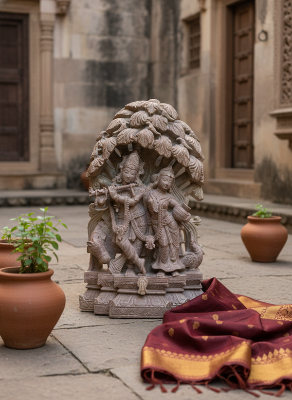 Sacred Leela Masterpiece - Radha Krishna Stone Sculpture