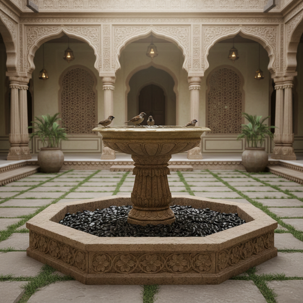 Hand-Carved Sandstone Birdfeeder - Traditional Indian Garden Fountain