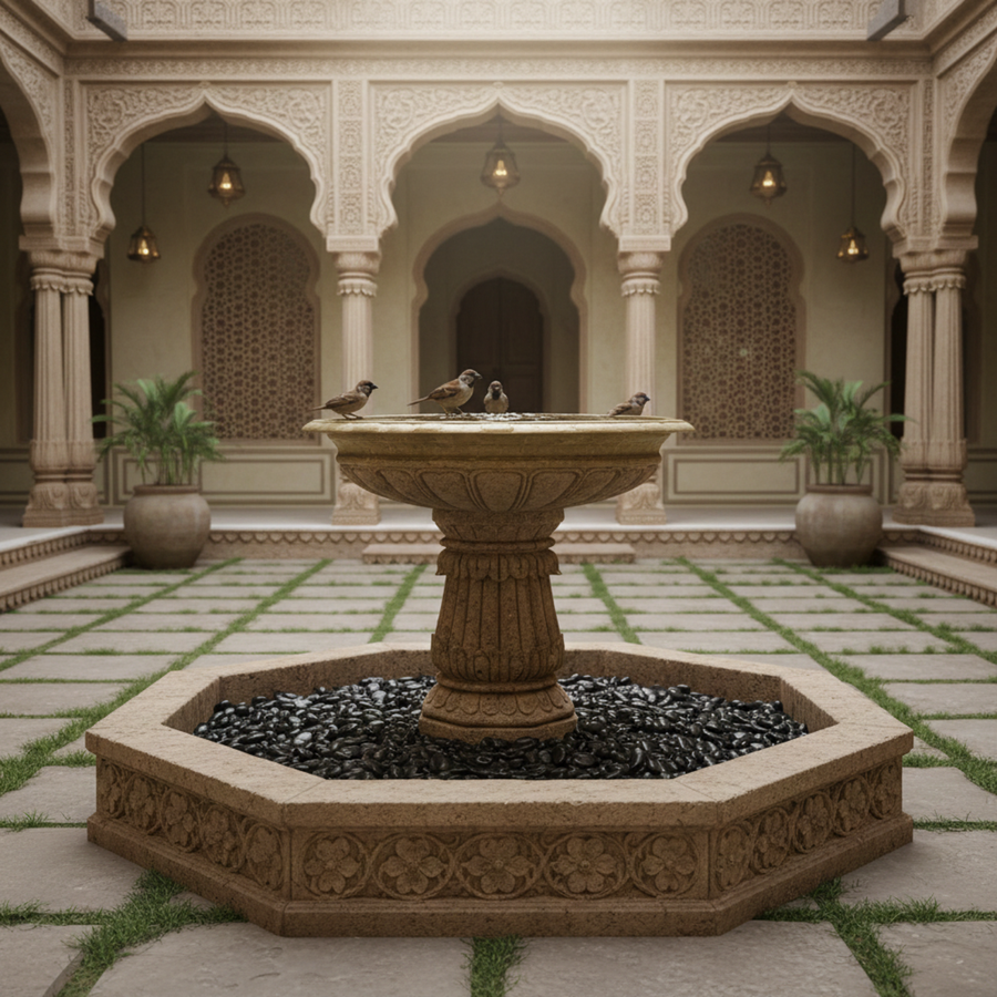 Hand-Carved Sandstone Birdfeeder - Traditional Indian Garden Fountain